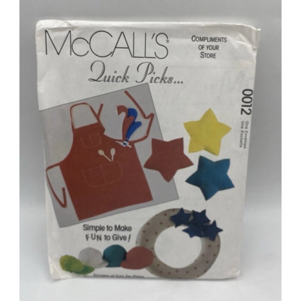 Mccalls Pattern 0012 Quick Picks 90s Apron Pet Bed Log Carrier Sachet Cap Uncut